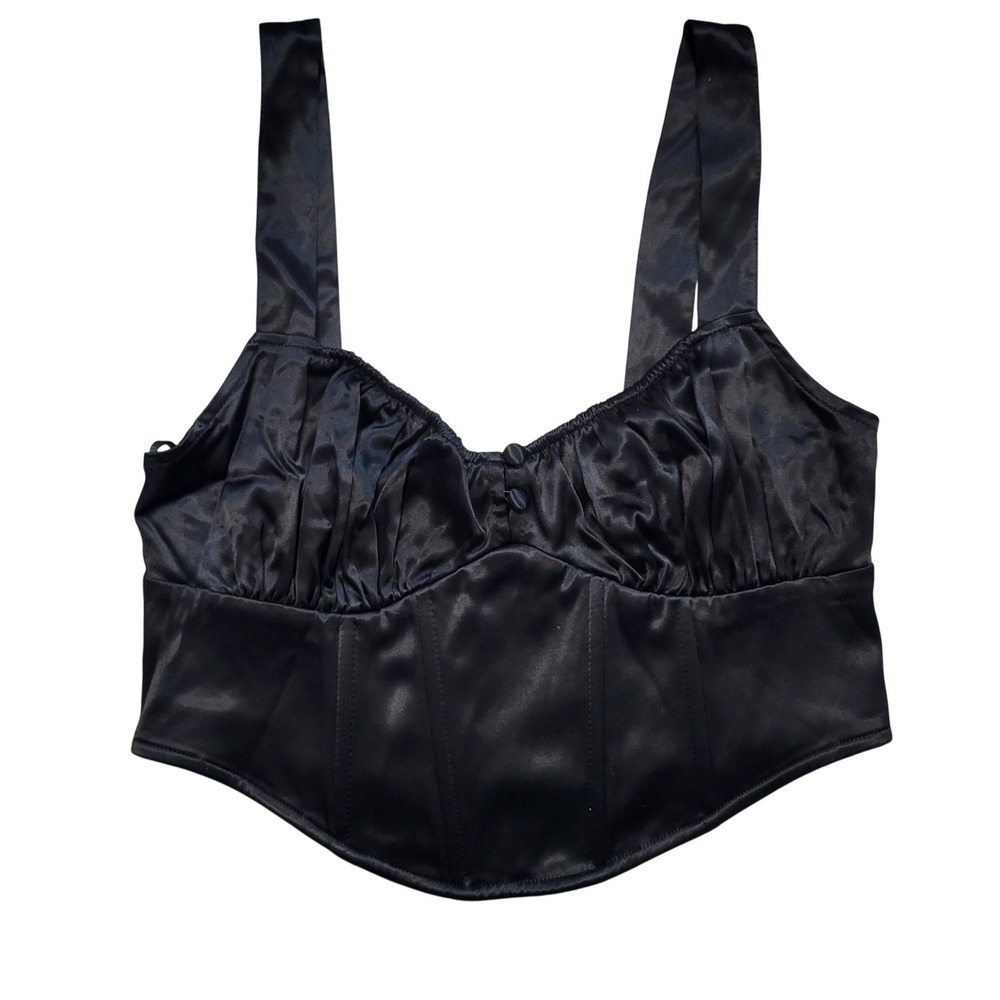 Zara Black Satin Corset Crop Top Ruched Bustier Zip Back Edgy Goth  Dark Small